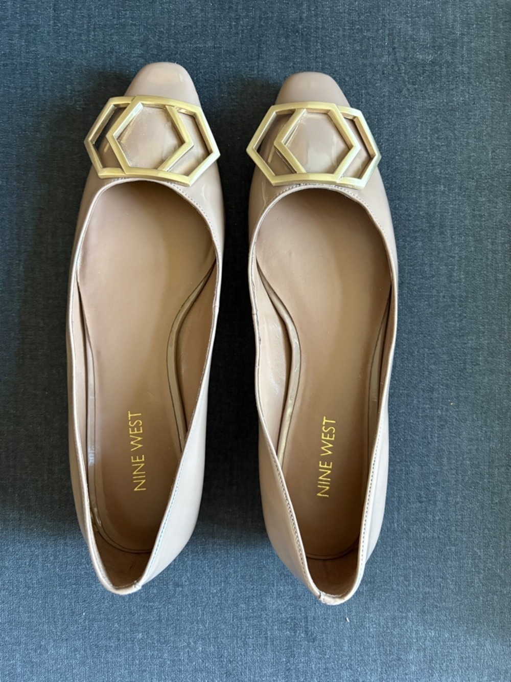 Nine West Beige Patent Leather Low Heel Flats with Gold Geometric Accent - Picture 6 of 8